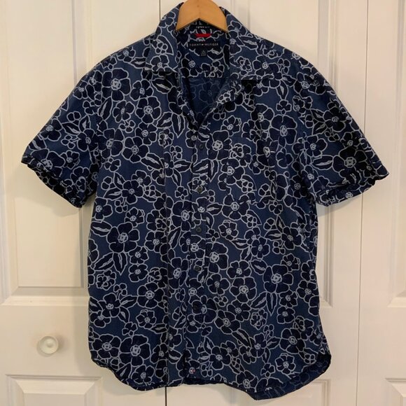 Tommy Hilfiger Blue Hawaiian Floral Print Short Sleeve Button Front Shirt XL - Picture 1 of 10
